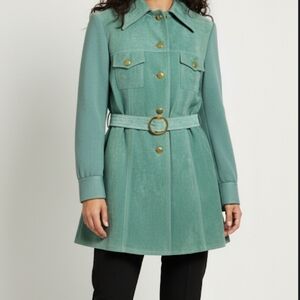 VTG Stewart's Womens Leather Wool Coat Long Line Belted Jacket Old Money Green M